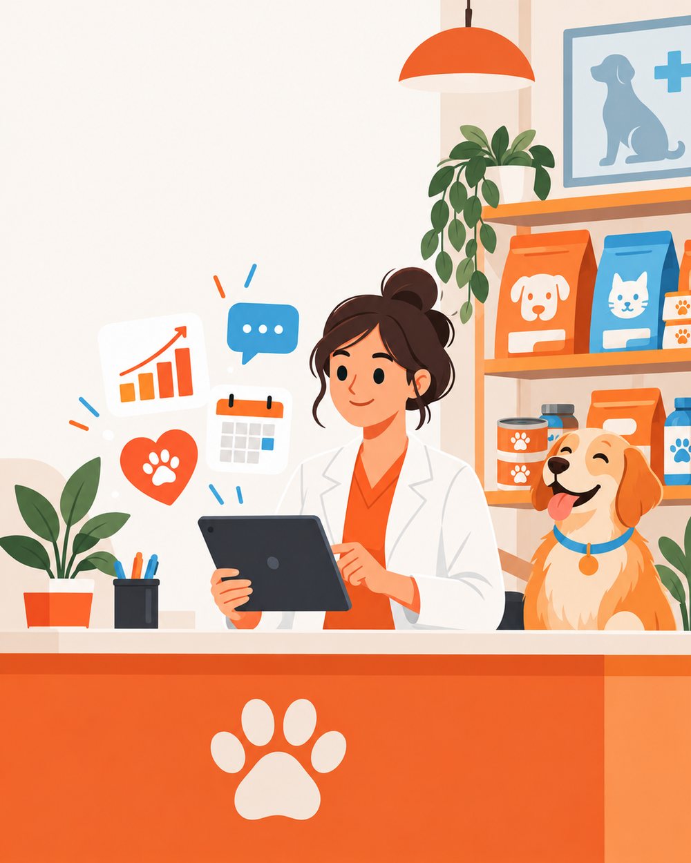 Veterinaria en el mostrador revisando indicadores en una tablet, con su perro al lado